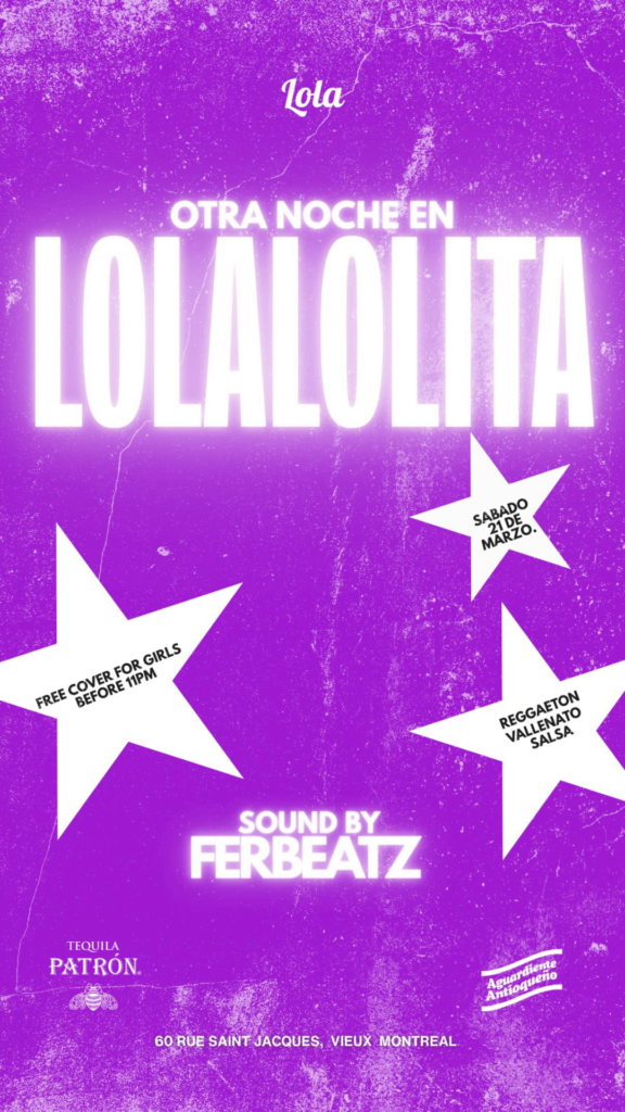 Flyer for Otra Noche en Lola Lolita featuring Ferbeatz DJ at a Colombian crossover party in Montreal