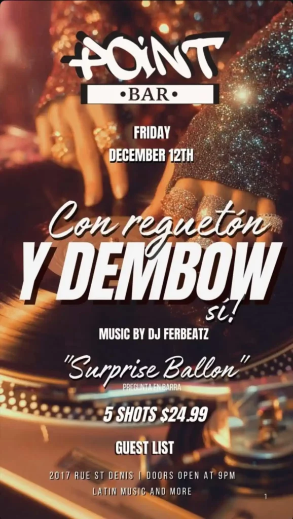 Promotional flyer for the Con Regueton y Dembow night at Point Bar Montreal featuring Ferbeatz DJ on December 12