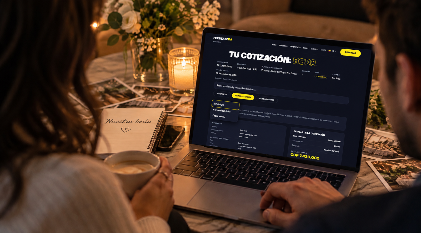 Una cotización de DJ en una laptop para revisarla en pareja