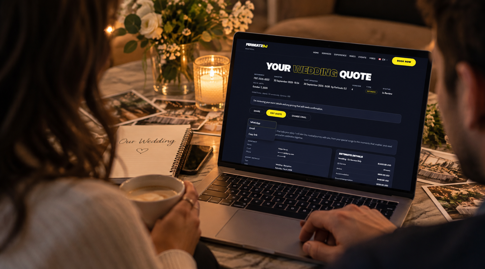 A DJ quote on a laptop for a couple to review together