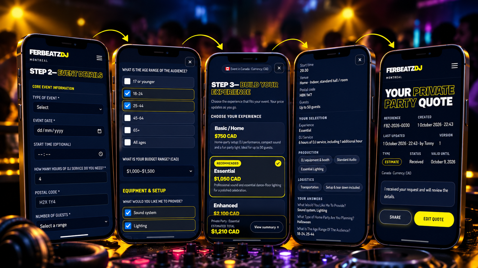 Five phone screens showing each step, from event details to the finished DJ quote