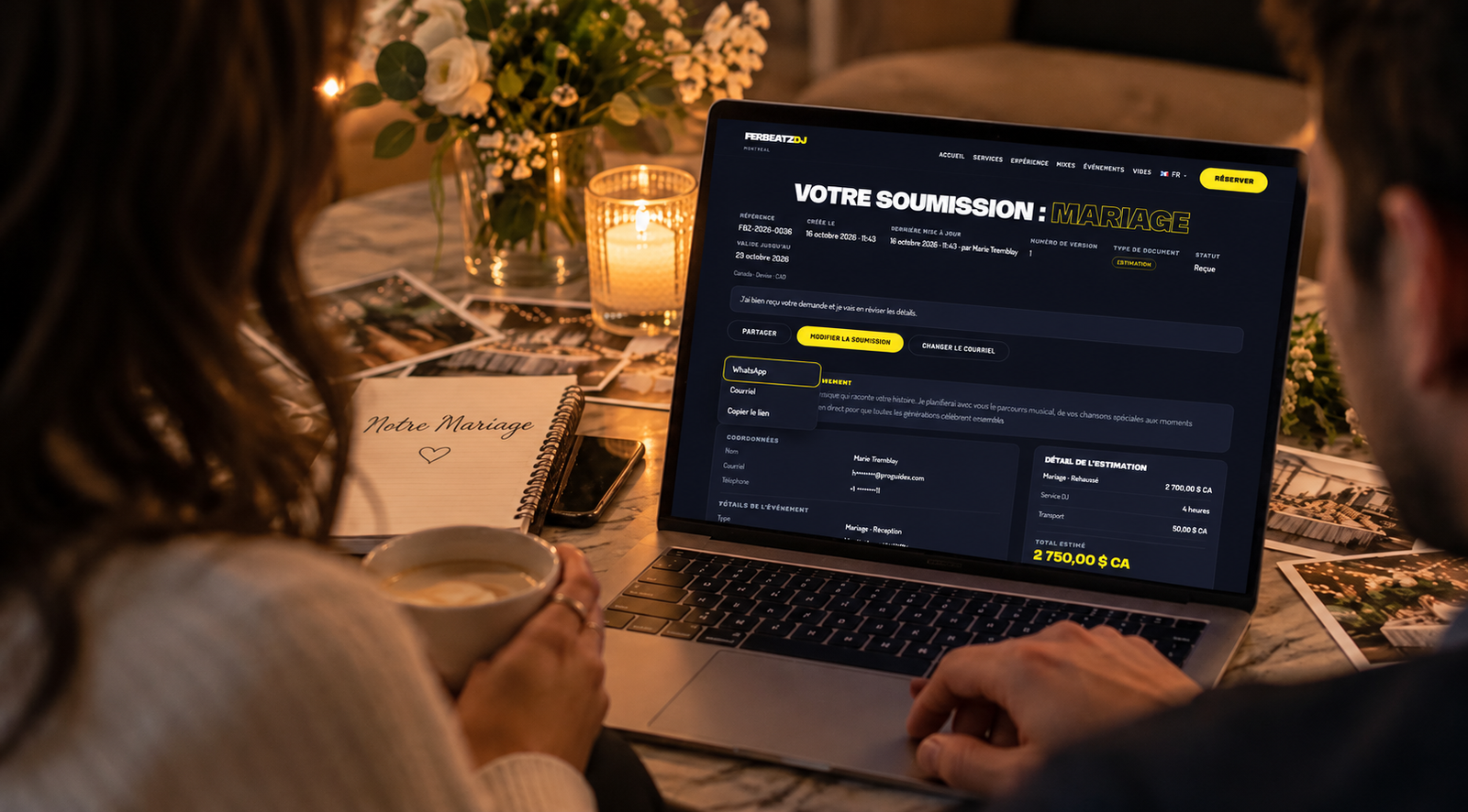 Une soumission de DJ sur un ordinateur portable, à consulter en couple